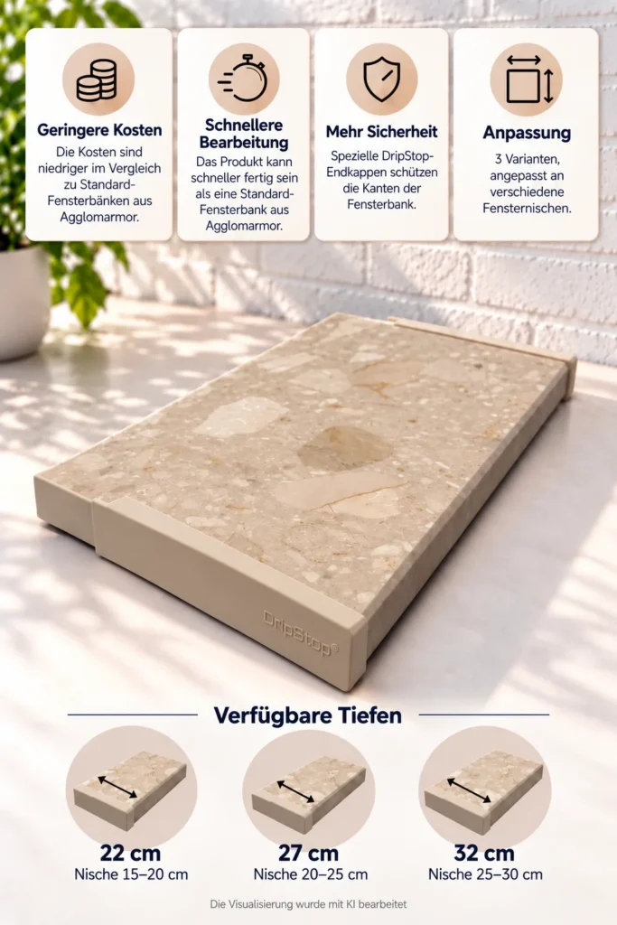 Fensterbank aus Agglo Marmor DripStop® Botticino 22 cm