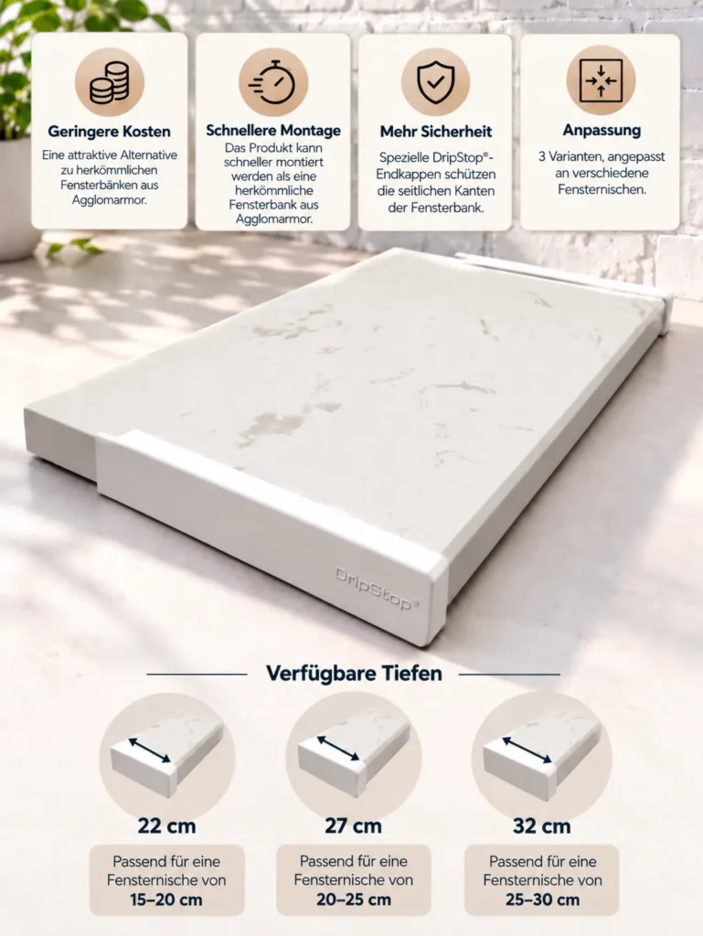 Fensterbank aus Agglo Marmor DripStop® Carrara 32 cm