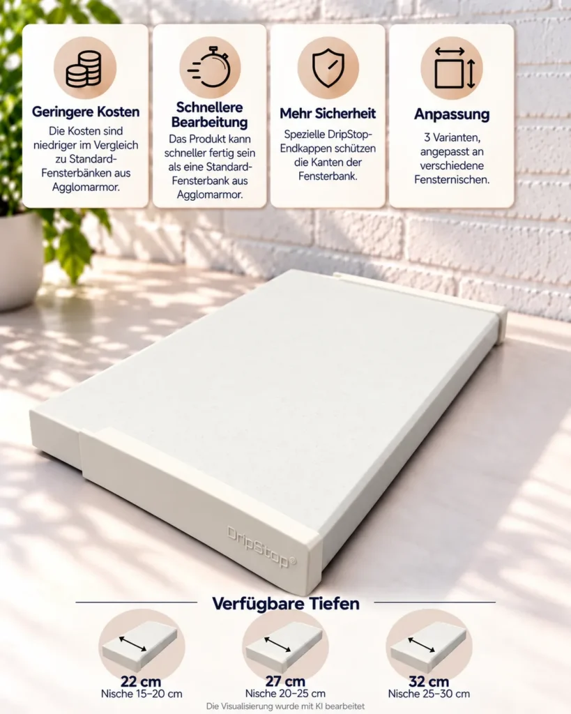 Fensterbank aus Agglo Marmor DripStop® Polare 32 cm