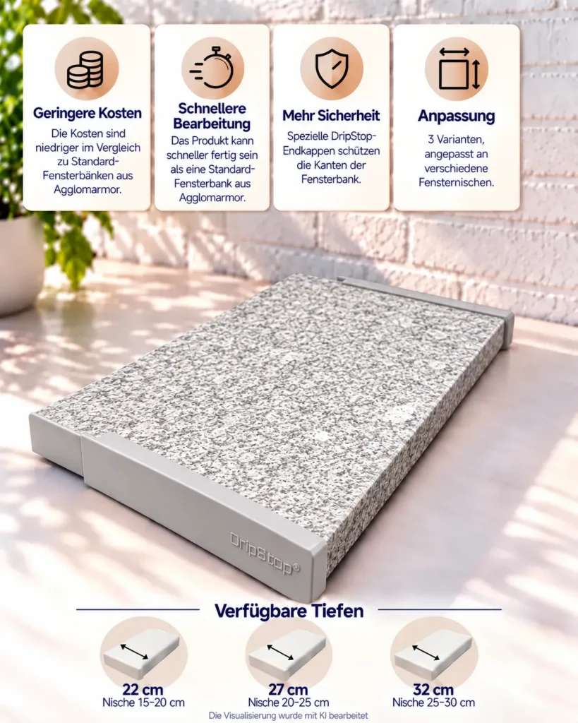 Fensterbank Granit DripStop® Bianco Crystal 22 cm